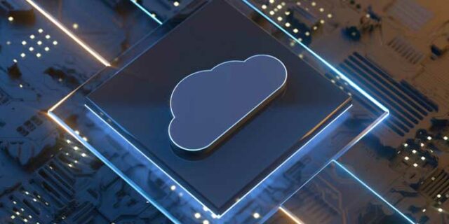 An image of a cloud shown above a microchip